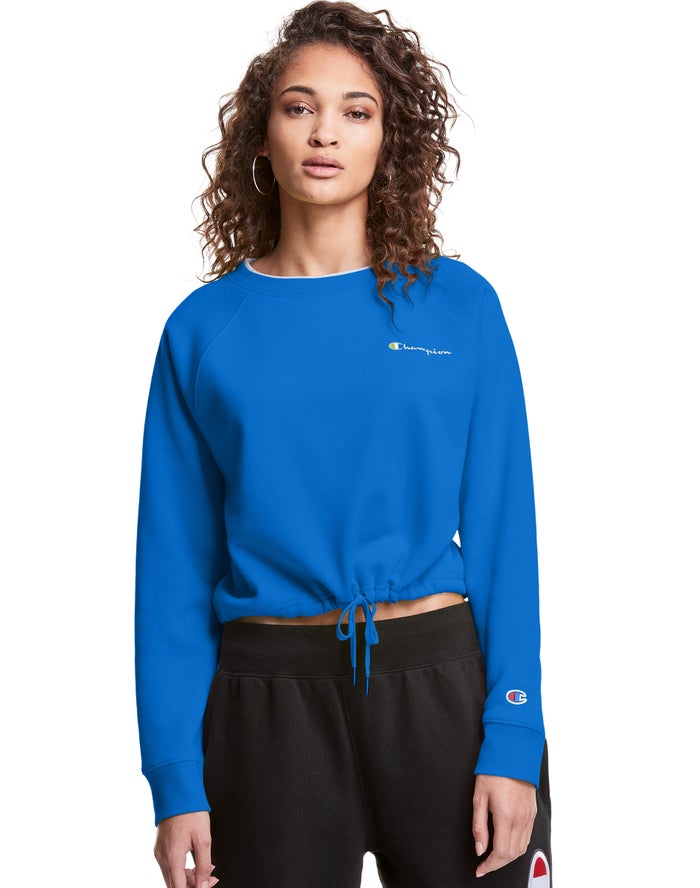 Champion Womens Sweatshirt NZ - Campus Fleece Cropped Crew Embroidered Script Logo Blue ( 9742-JBLOZ